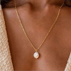 Anthropologie Gold Link Necklace with Pearl Charm